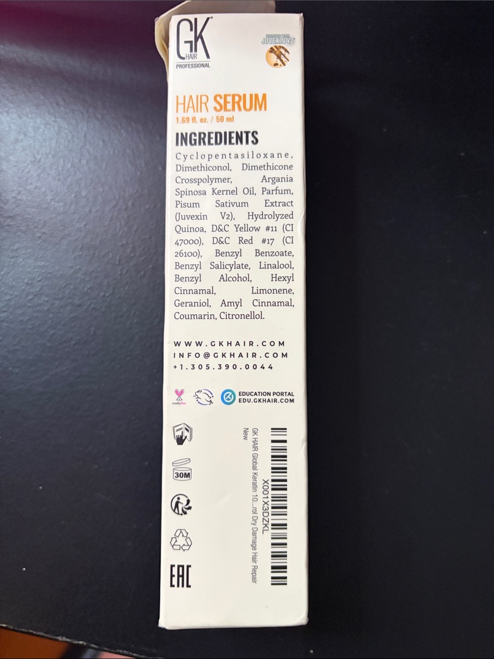 GK Hair Serum Box White with Orange Text